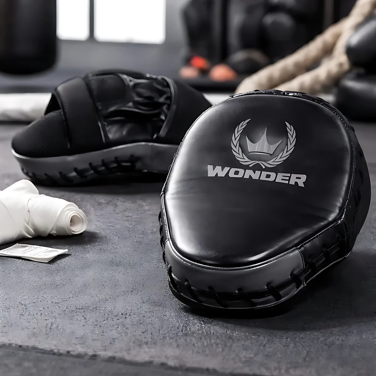 Guantes de boxeo Wonder en cuero PU negro, con diseño ergonómico y protección para muñeca, sobre superficie gris con accesorios de entrenamiento al fondo.