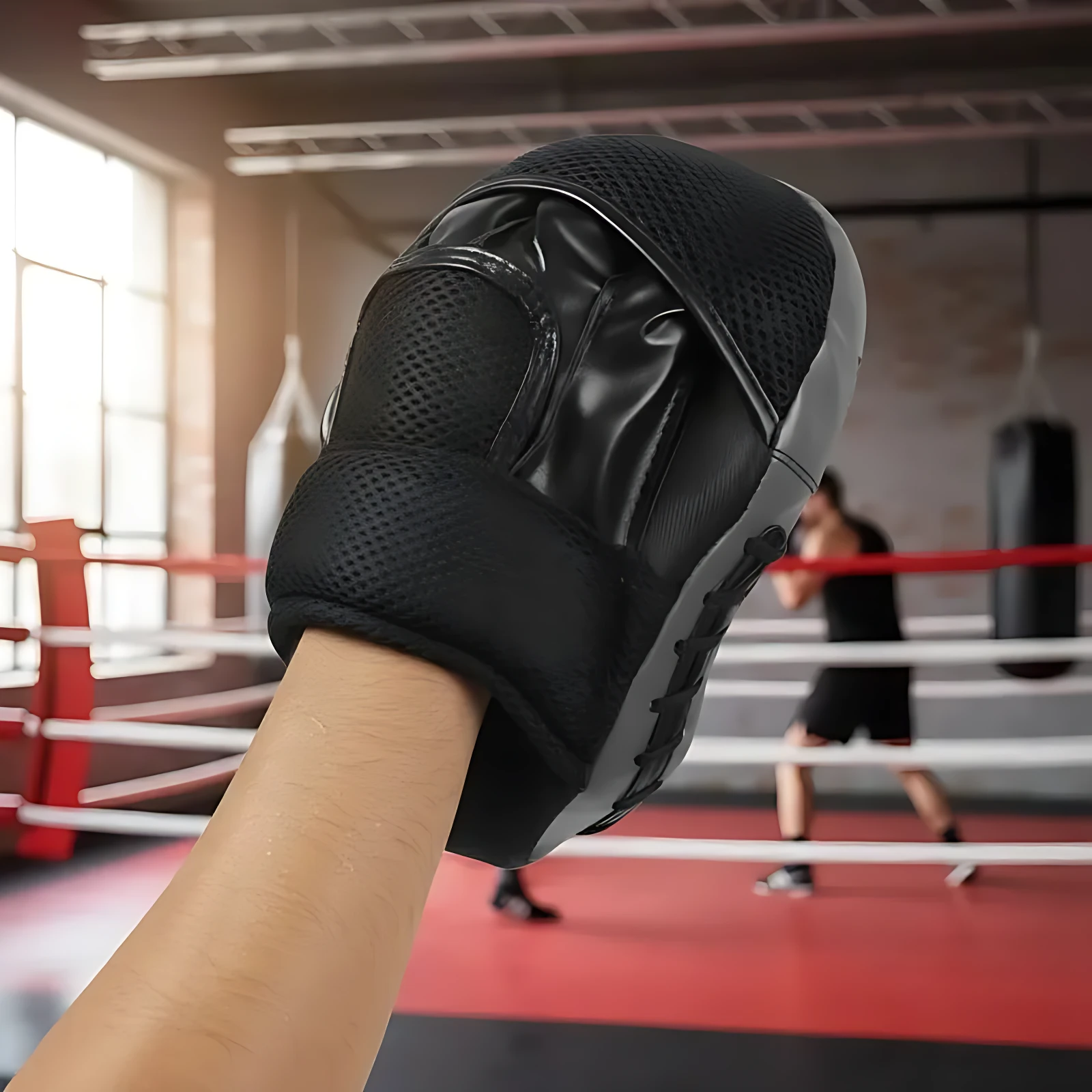 Guante de boxeo negro con cuero PU y espuma densa, mostrando protección en muñeca y diseño ergonómico para entrenamiento.