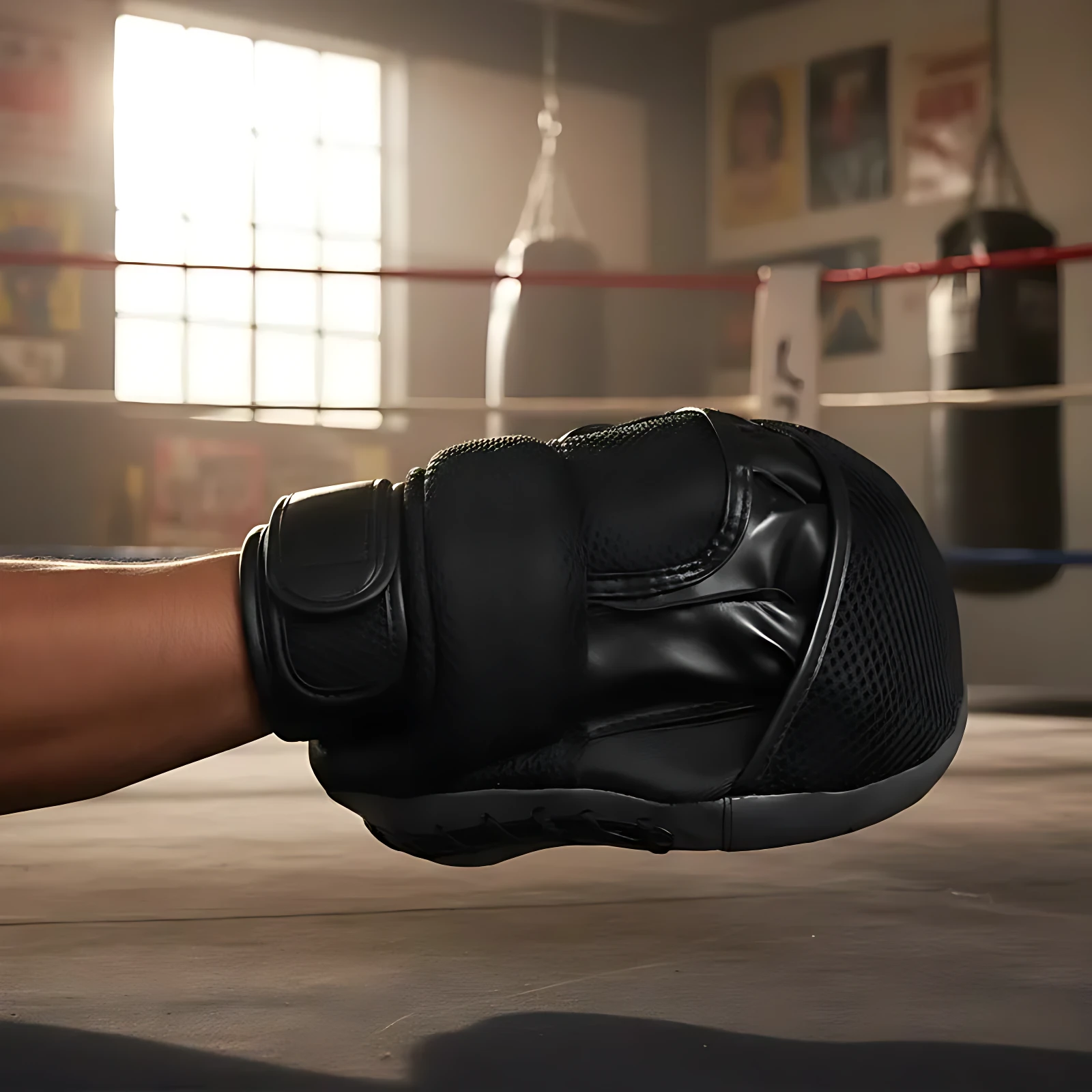 Guante de boxeo negro con cuero PU y espuma densa, mostrando protección en muñeca y diseño ergonómico para entrenamiento de precisión.
