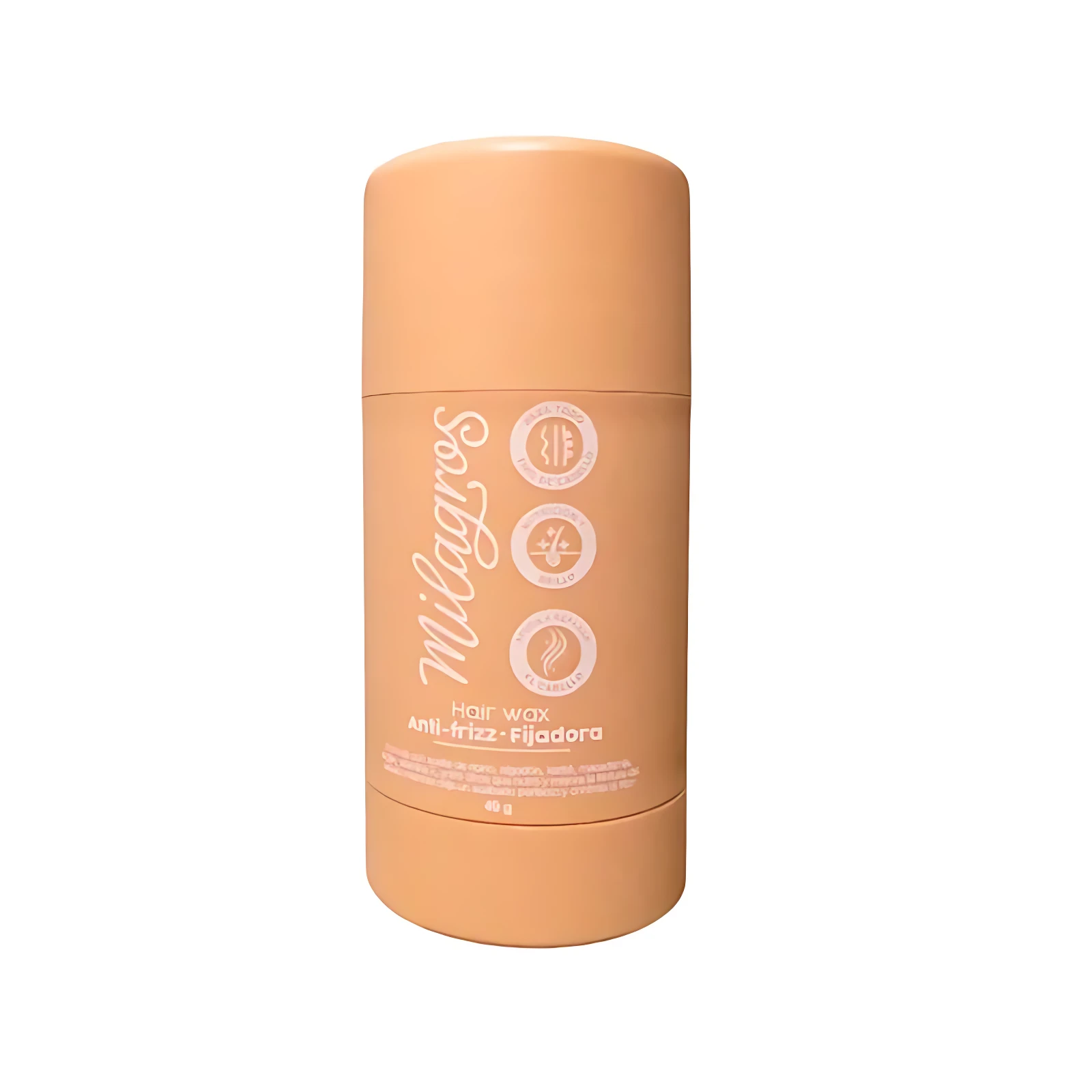 Cera fijadora anti frizz Milagros en presentación cilíndrica color melocotón, con etiqueta que muestra iconos de ingredientes naturales y texto en blanco sobre fondo liso.