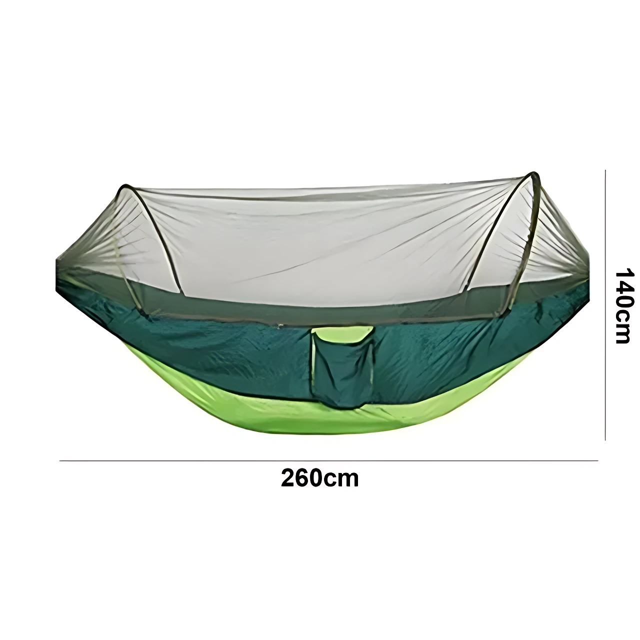 Hamaca con toldillo portátil para dos personas, color verde y gris, con medidas de 260 cm de largo y 140 cm de alto, diseñada para protección contra mosquitos.