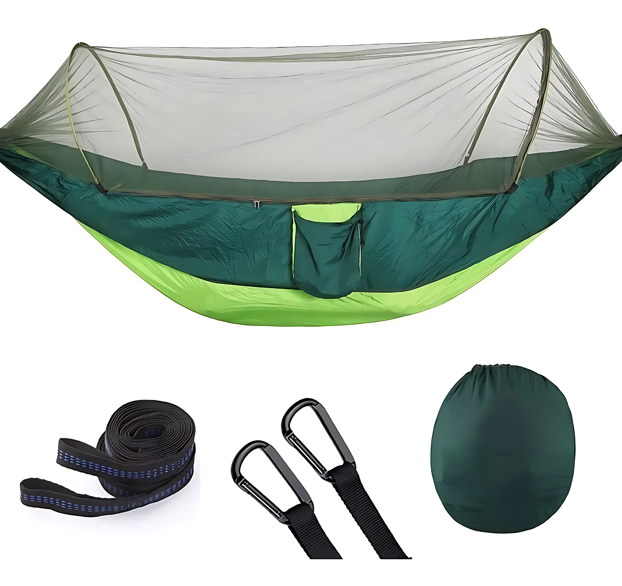 Hamaca con toldillo portátil en verde y lima, incluye mosquitero, correas y carabinas para uso al aire libre.