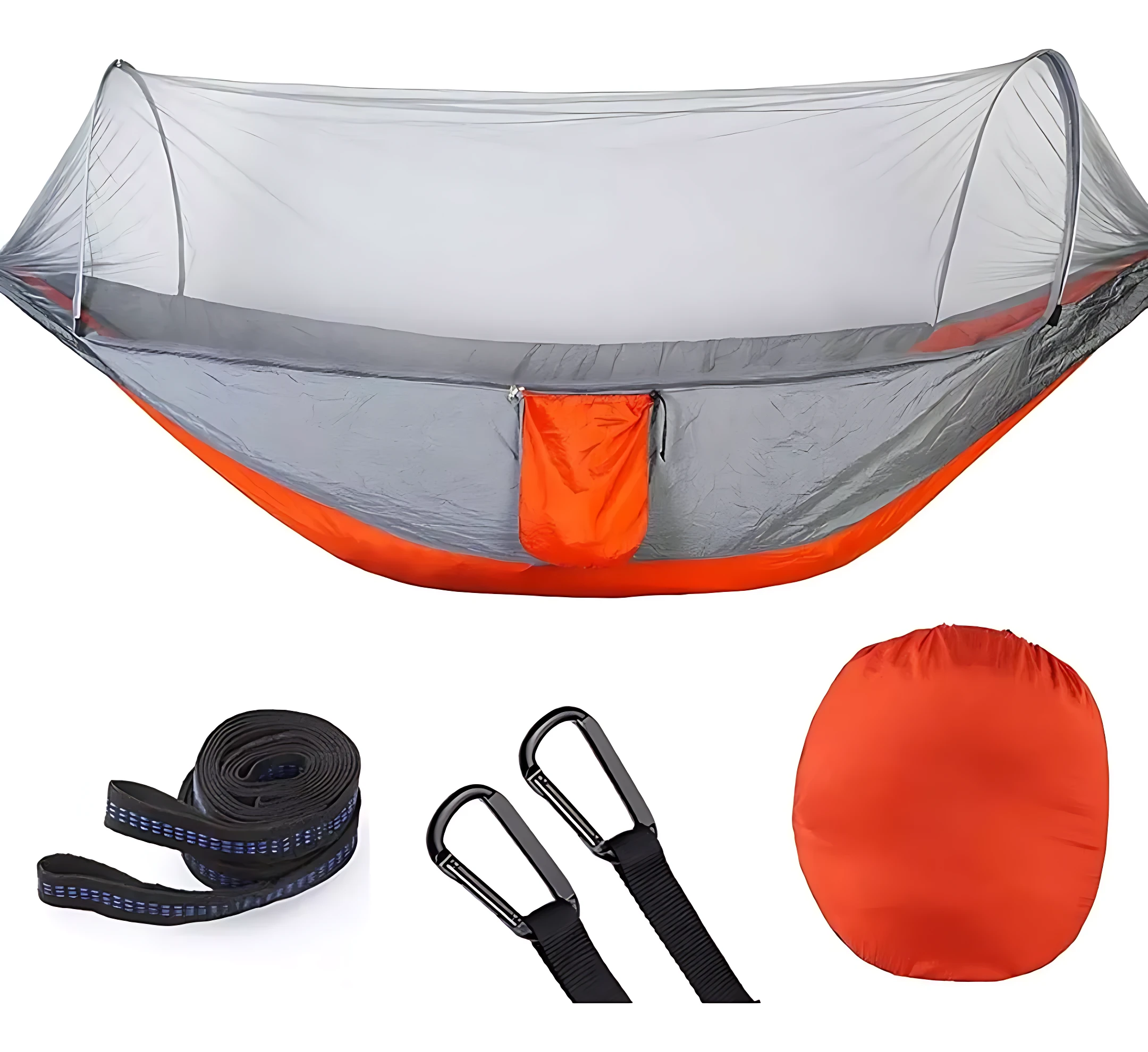 Hamaca con toldillo portátil para dos personas, color gris y naranja, incluye mosquitero, correa de transporte y bolsa de almacenamiento.