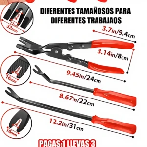 Set de tres herramientas de extracción de clips con mango rojo y punta negra, medidas de 3.7 a 12.2 pulgadas, para retirar clips sin dañar superficies.