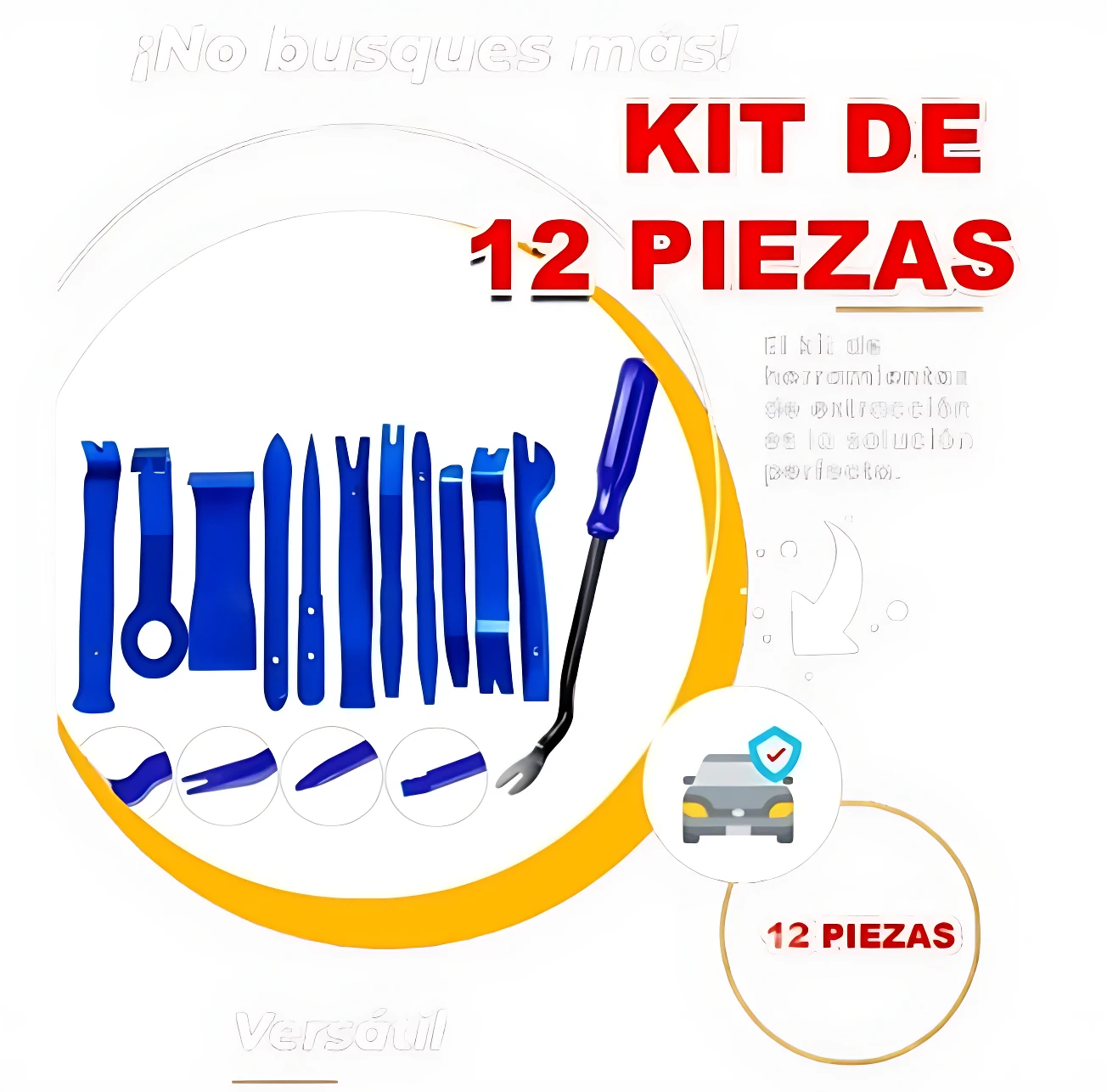 Kit de 12 herramientas azules para extracción de clips de carrocería, con mango ergonómico y puntas especializadas; incluye accesorios auxiliares en círculo inferior.
