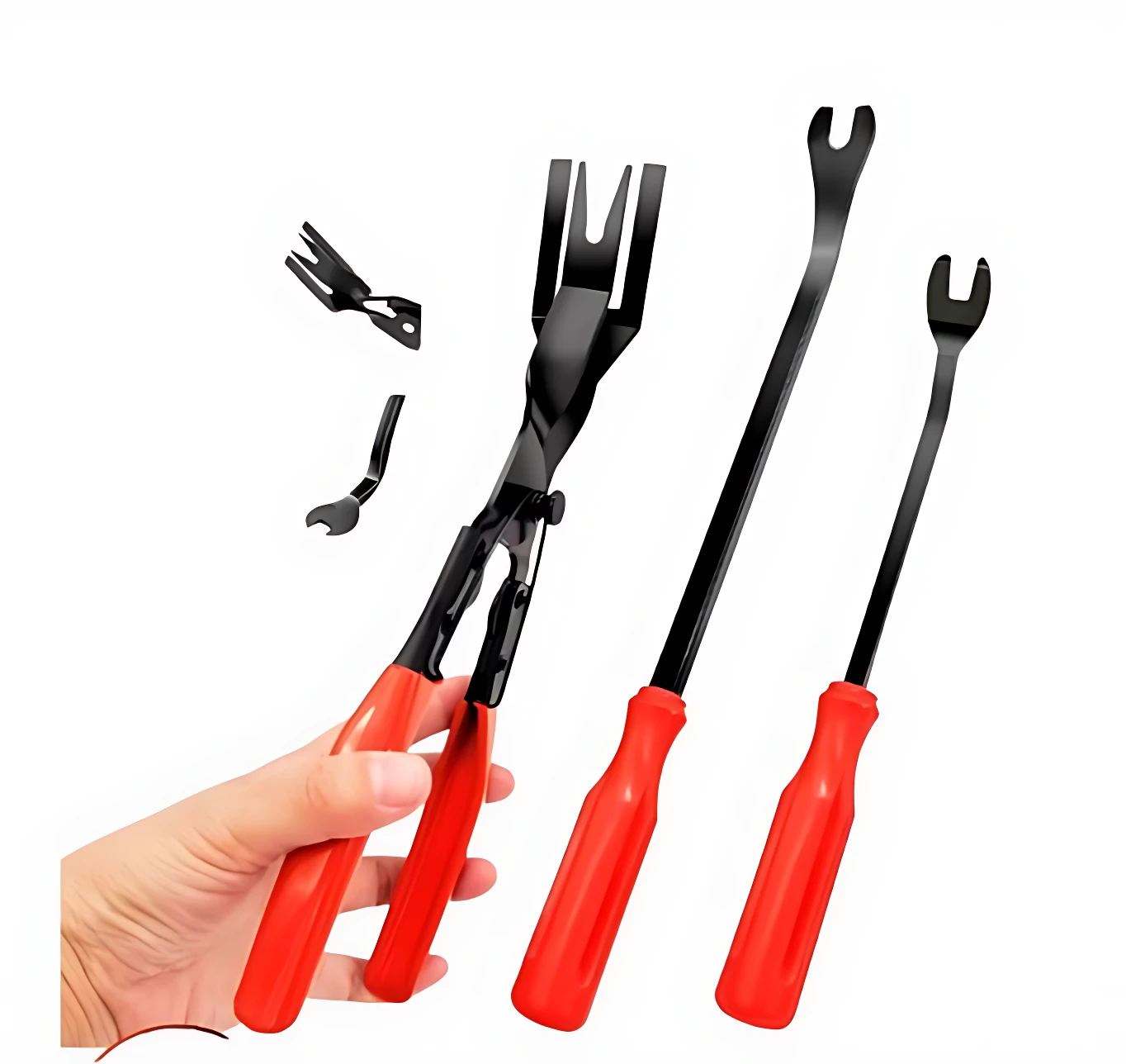 Set de dos herramientas de extracción de clips con mango rojo y cabeza negra, diseñadas para retirar clips sin dañar superficies. Incluye accesorios adicionales visibles en la .
