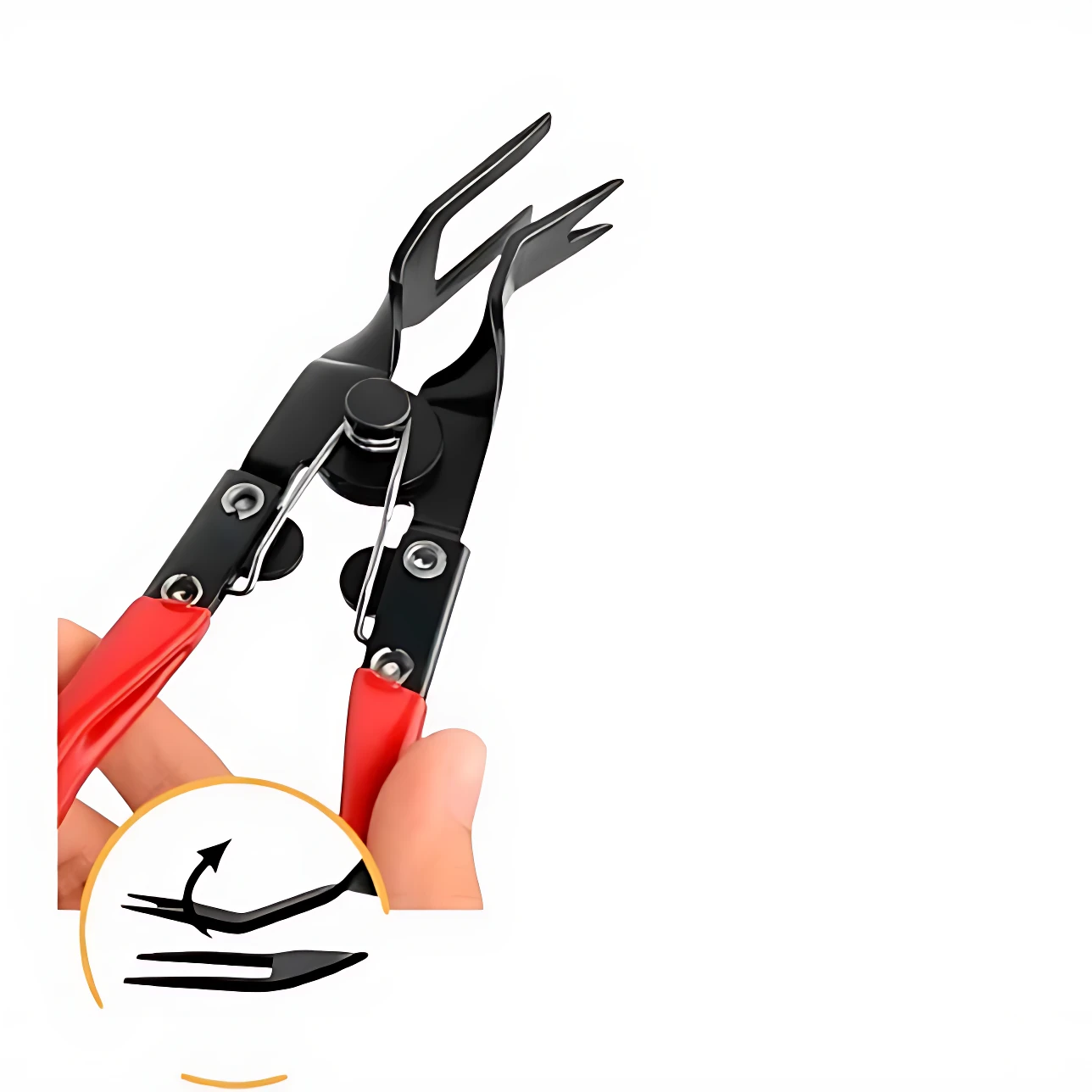 Herramienta de extracción de clips con mango rojo y punta negra, diseñada para retirar clips sin rayar superficies. Incluye detalle de uso en círculo inferior.