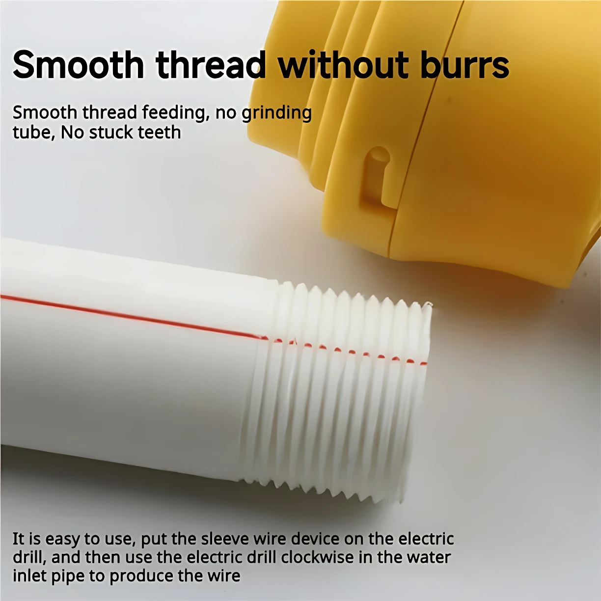 Herramienta para hacer roscas en tubo PVC blanco con detalles rojos, mostrando hilos lisos sin rebabas y accesorio amarillo para uso con taladro.