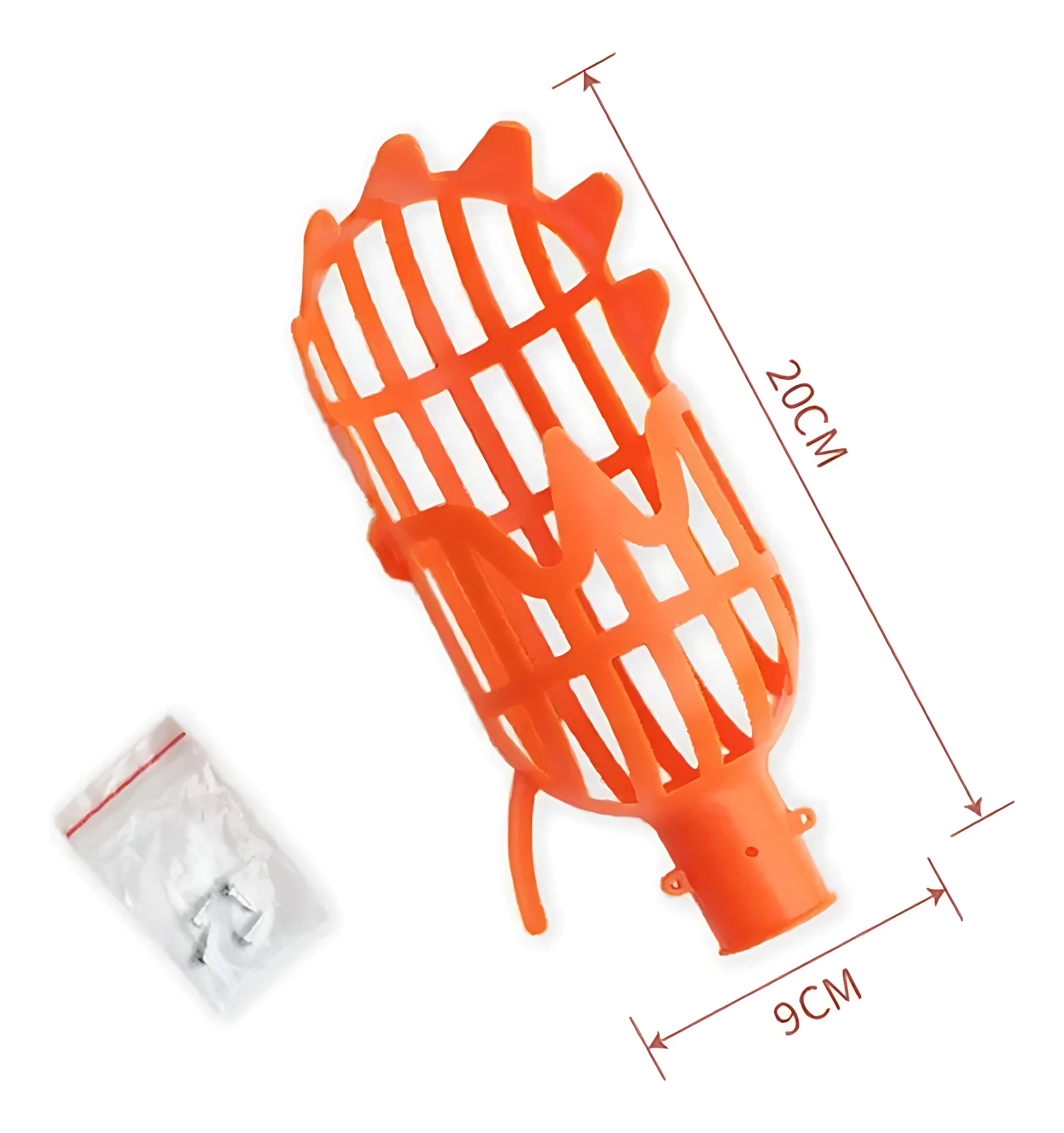 Herramienta telescópica naranja con rejilla de 20 cm de largo y 9 cm de ancho, incluye bolsa de accesorios.