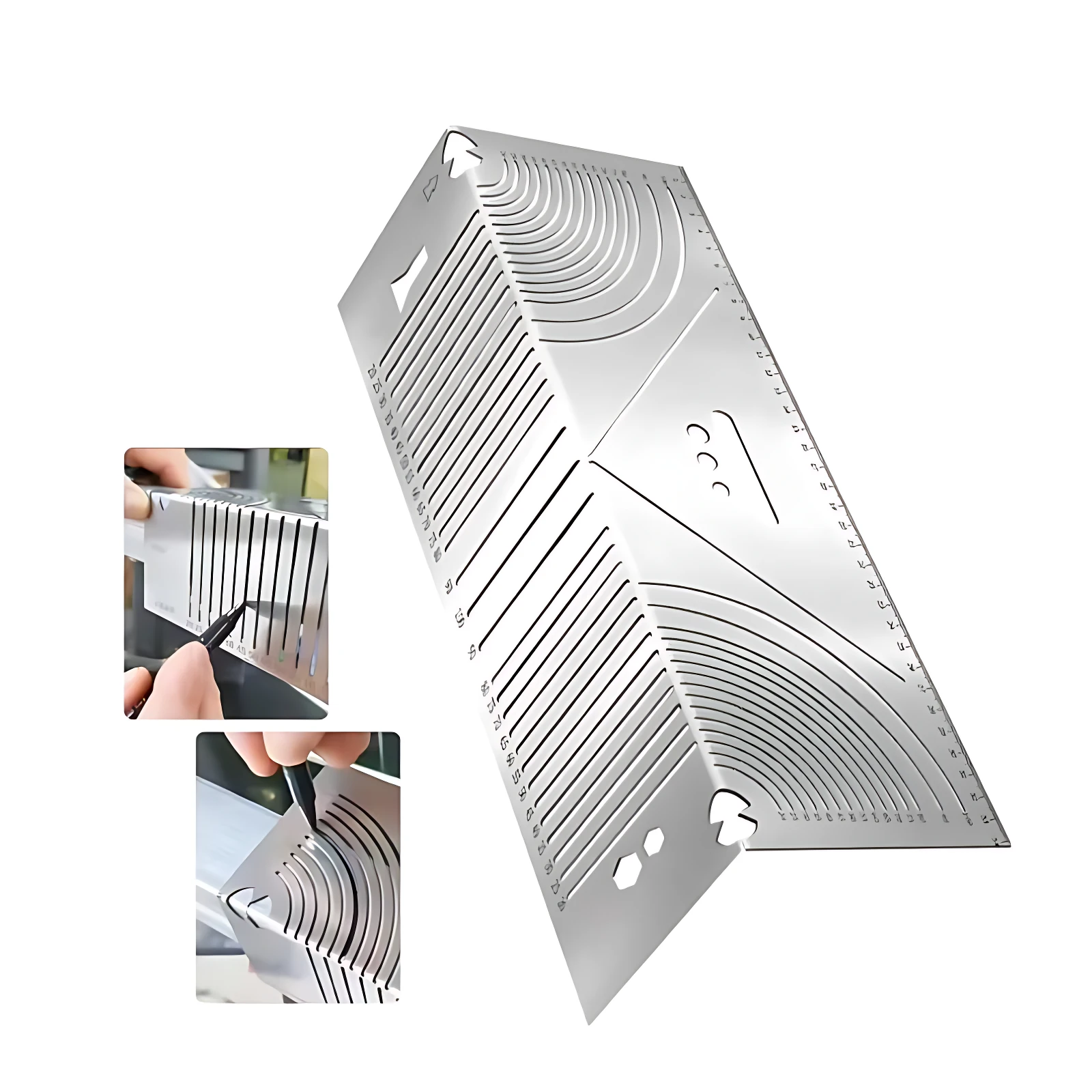 Herramienta de corte flexible en metal plateado con guías de ángulo y ranuras para marcar líneas precisas en metal y madera.