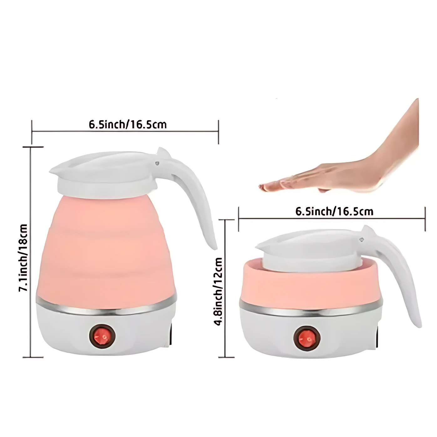 Hervidor plegable rosa con base de acero inoxidable, mostrando dimensiones en abierto (7.1 pulgadas) y cerrado (4.8 pulgadas), con mano indicando tamaño compacto.