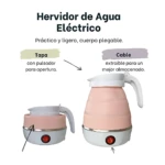 Hervidor eléctrico plegable en color rosa con base blanca y botón rojo, mostrando estado abierto y cerrado. Tapa con pulsador y cable extraíble. Ideal para viajes.