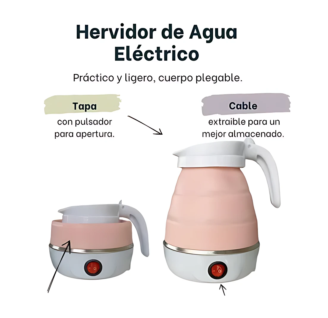 Hervidor eléctrico plegable en color rosa con base blanca y botón rojo, mostrando estado abierto y cerrado. Tapa con pulsador y cable extraíble. Ideal para viajes.