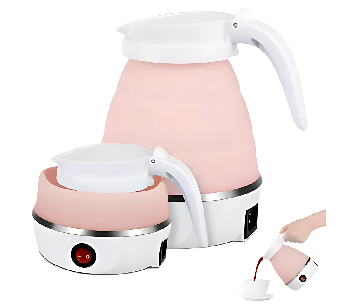 Hervidor de agua plegable en color rosa con base de acero inoxidable, mostrando variante pequeña y uso al verter agua en taza.
