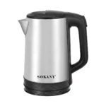 Hervidor eléctrico Sokany de acero inoxidable con mango negro y base giratoria, diseñado para calentar agua rápidamente.