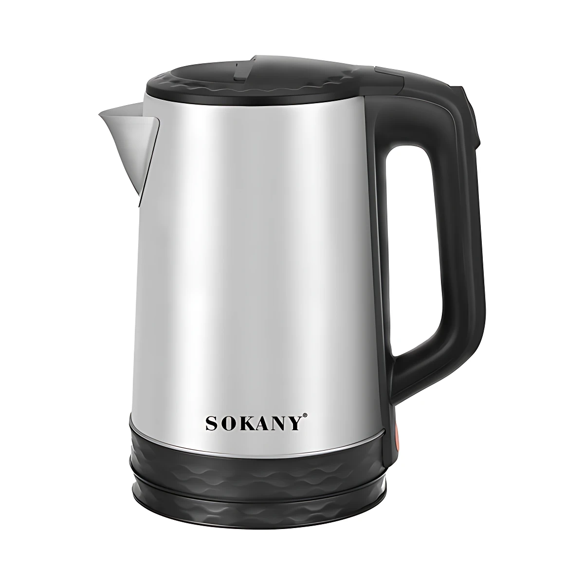Hervidor eléctrico Sokany de acero inoxidable con mango negro y base giratoria, diseñado para calentar agua rápidamente.