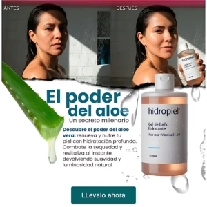 Bote de 200 ml de gel de baño Hidropiel con aloe y vitamina E, mostrando antes y después de uso en piel, con gotas de agua y texto descriptivo.