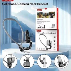 Soporte de cuello Neepho NP-G1 en color negro, con malla flexible y abrazadera ajustable para celular o cámara. Incluye caja con ilustraciones de uso y cuatro círculos mostrando configuraciones: con GoPro, con cámara deportiva, con celular vertical y horizontal.