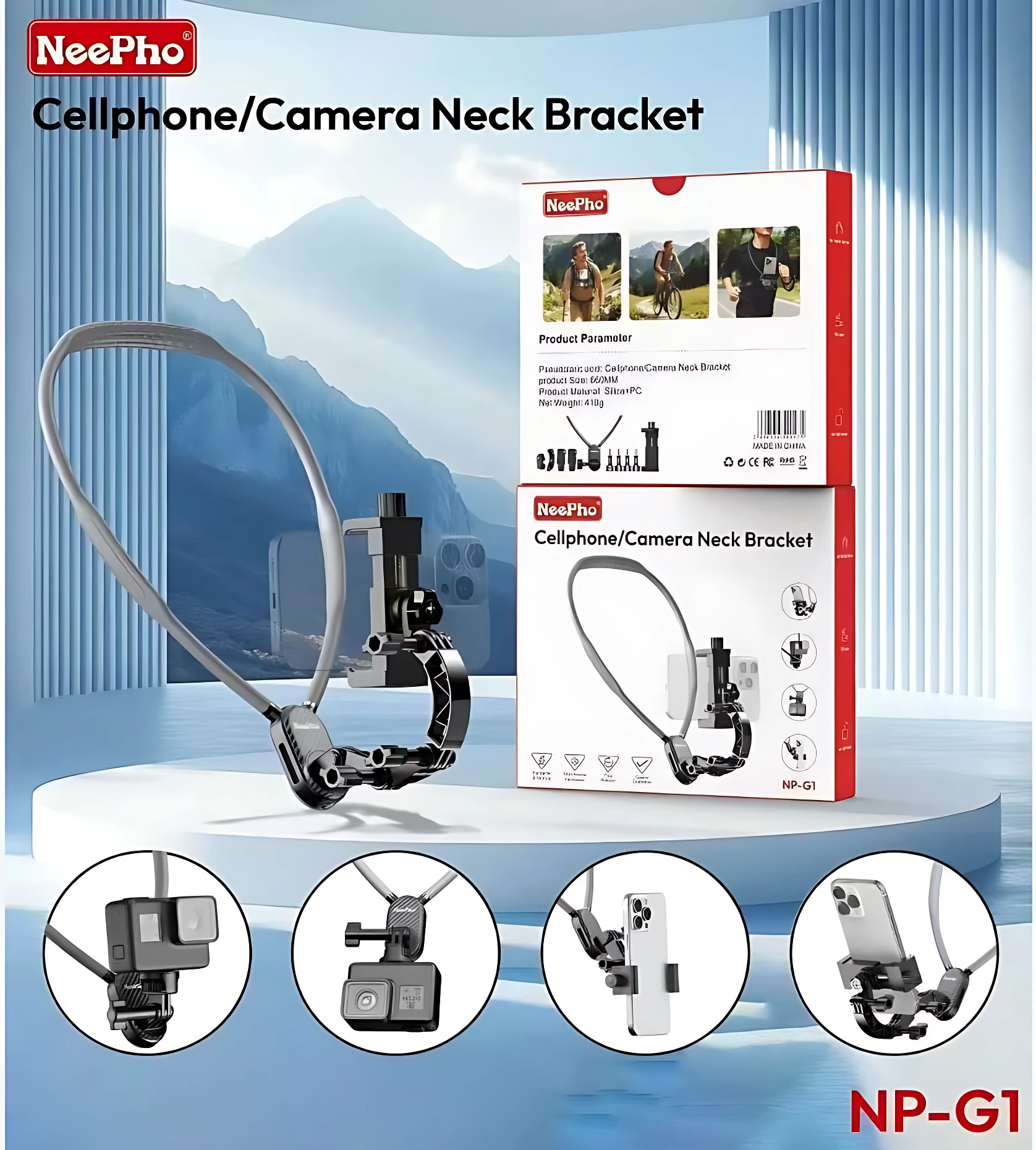 Soporte de cuello Neepho NP-G1 en color negro, con malla flexible y abrazadera ajustable para celular o cámara. Incluye caja con ilustraciones de uso y cuatro círculos mostrando configuraciones: con GoPro, con cámara deportiva, con celular vertical y horizontal.