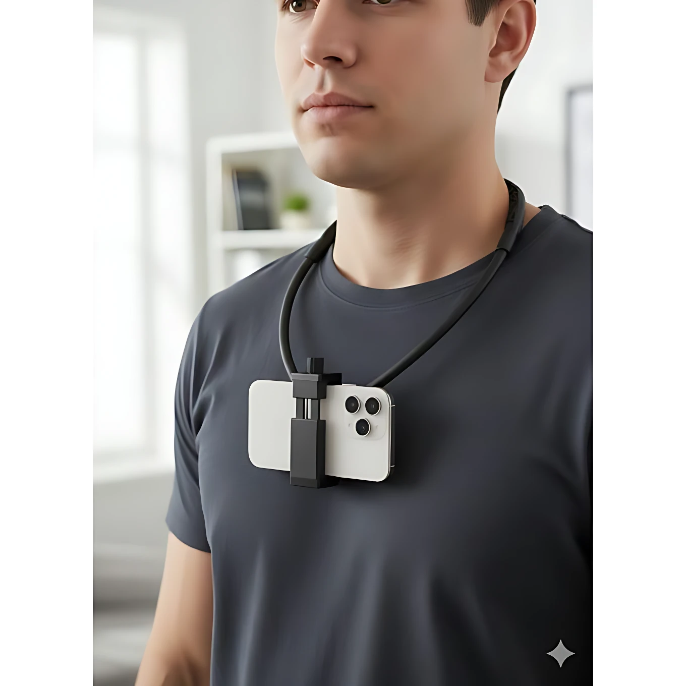 Soporte de cuello Neepho NP-G1 en color negro, con un smartphone blanco montado y listo para grabar vlogs o tutoriales con manos libres.