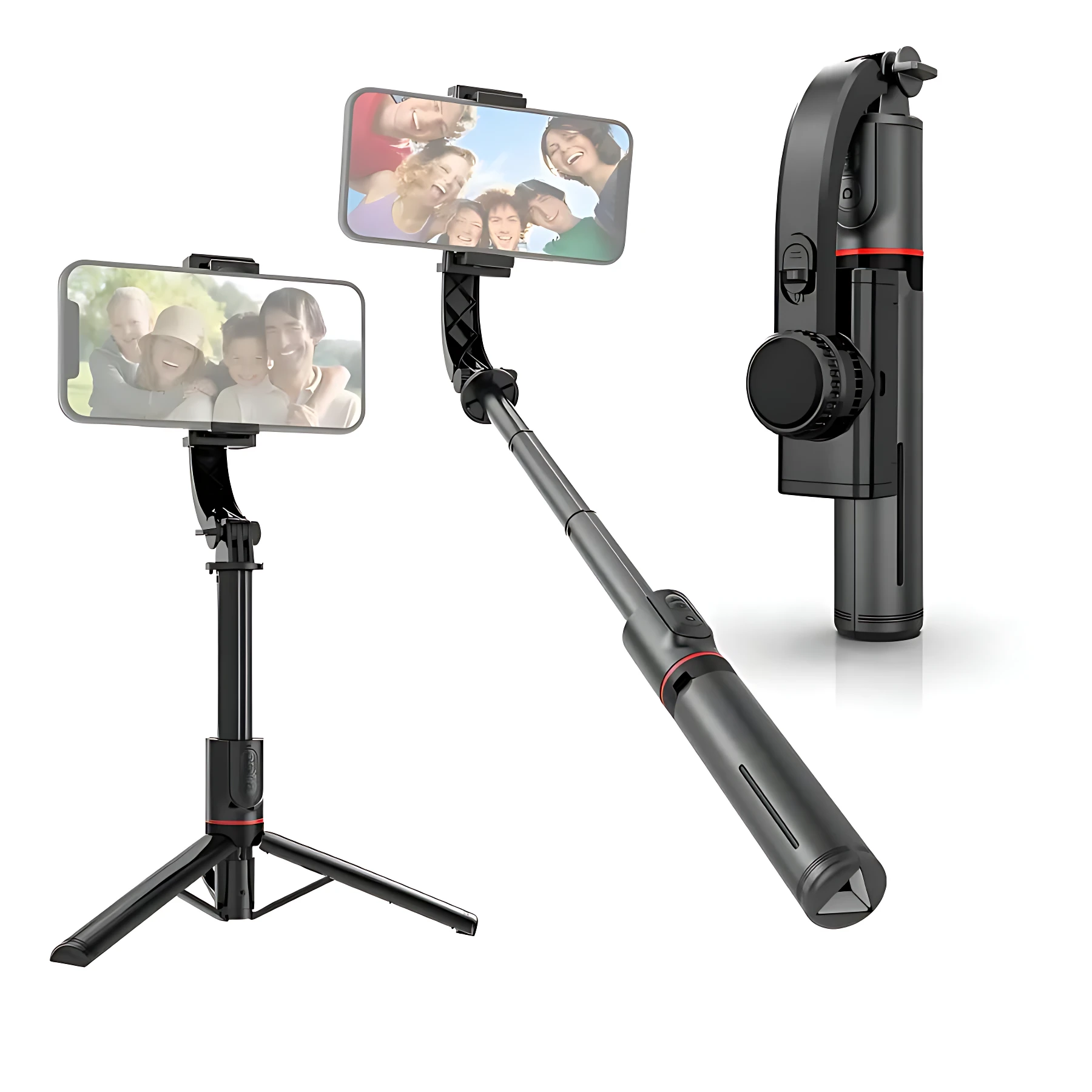 Trípode selfie gimbal L19 negro con estabilizador robótico y soporte para celular, ideal para videos fluidos.