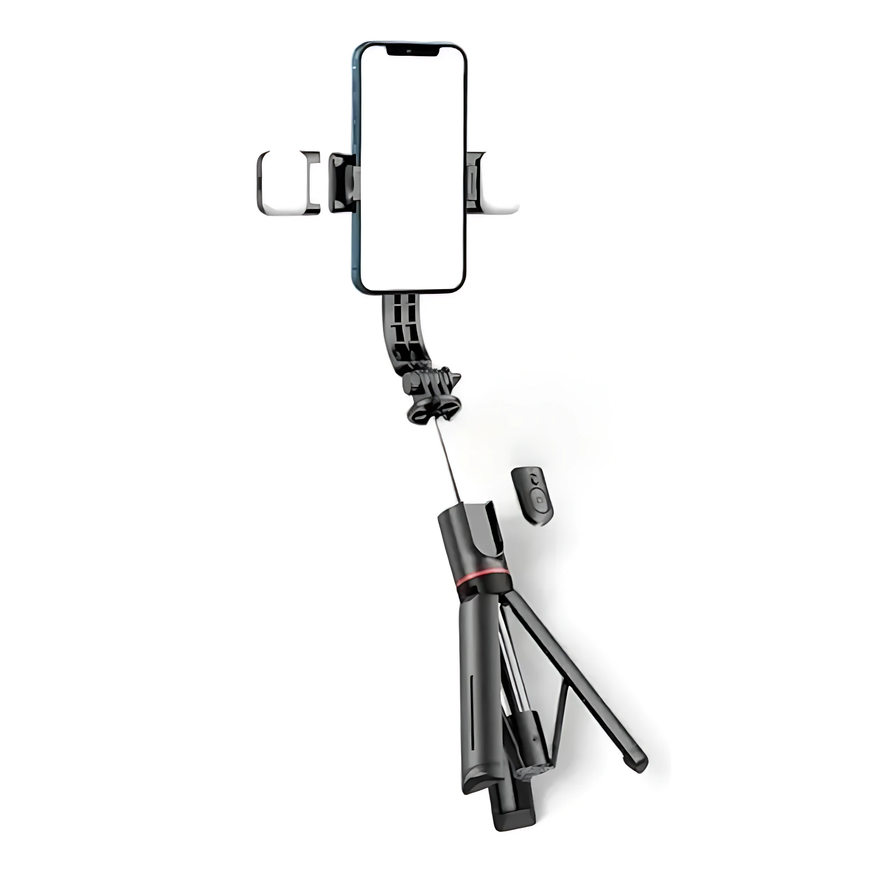 Trípode selfie negro con soporte para celular, brazo extensible y mando remoto incluido, sobre fondo blanco.