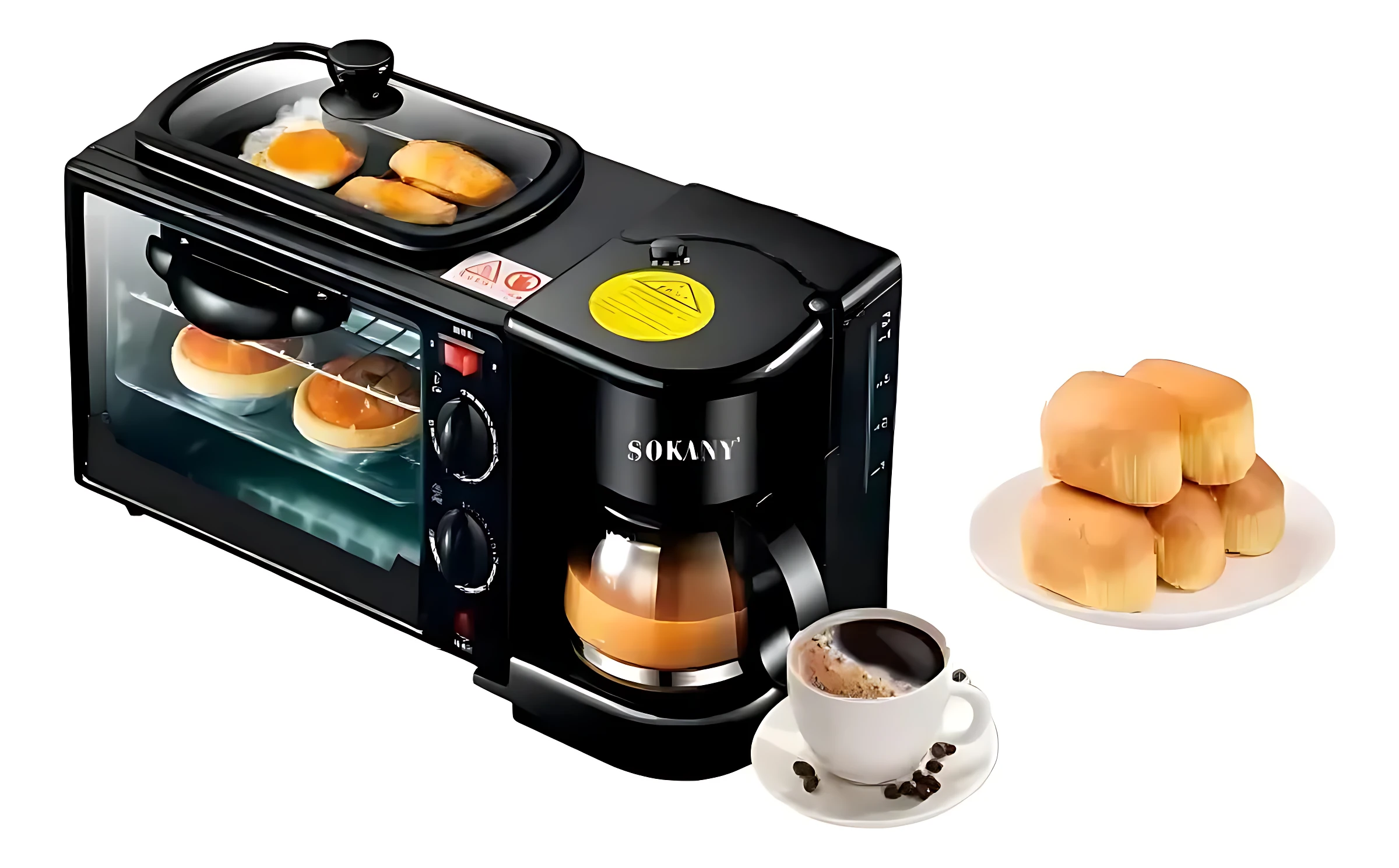 Horno eléctrico multifuncional Sokany negro con cafetera integrada, mostrando panecillos horneados y café servido en taza.