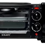 Horno eléctrico multifuncional Sokany negro con cafetera integrada, diseño compacto para cocinas pequeñas.