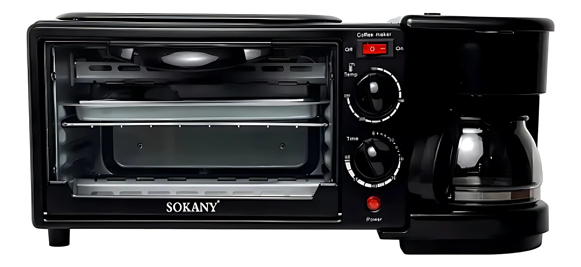 Horno eléctrico multifuncional Sokany negro con cafetera integrada, diseño compacto para cocinas pequeñas.