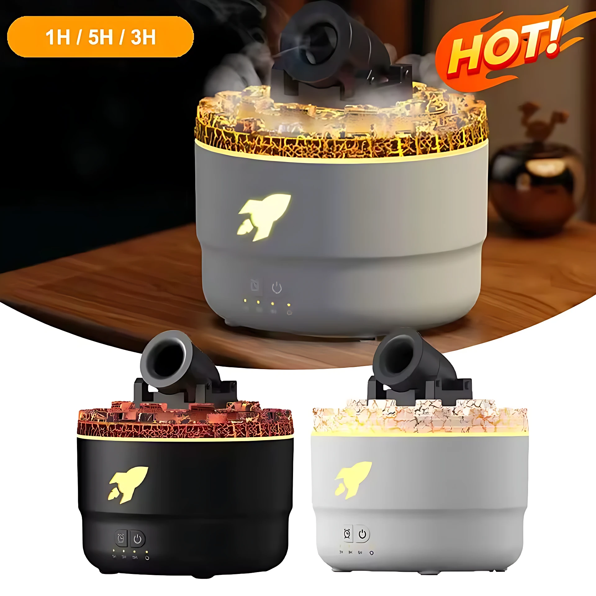 Humidificador ultrasónico con luces de lava y niebla aromática en tres colores: negro, gris claro y blanco. Diseño compacto con proyección de luz y salida de vapor.