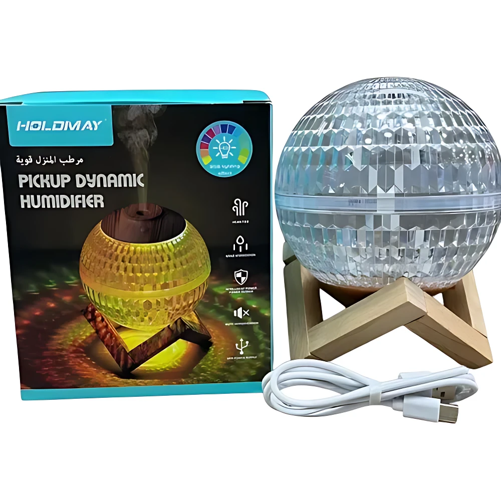 Humidificador ultrasónico Holdmay en caja azul con disco de luz RGB transparente sobre soporte de madera, cable USB incluido.