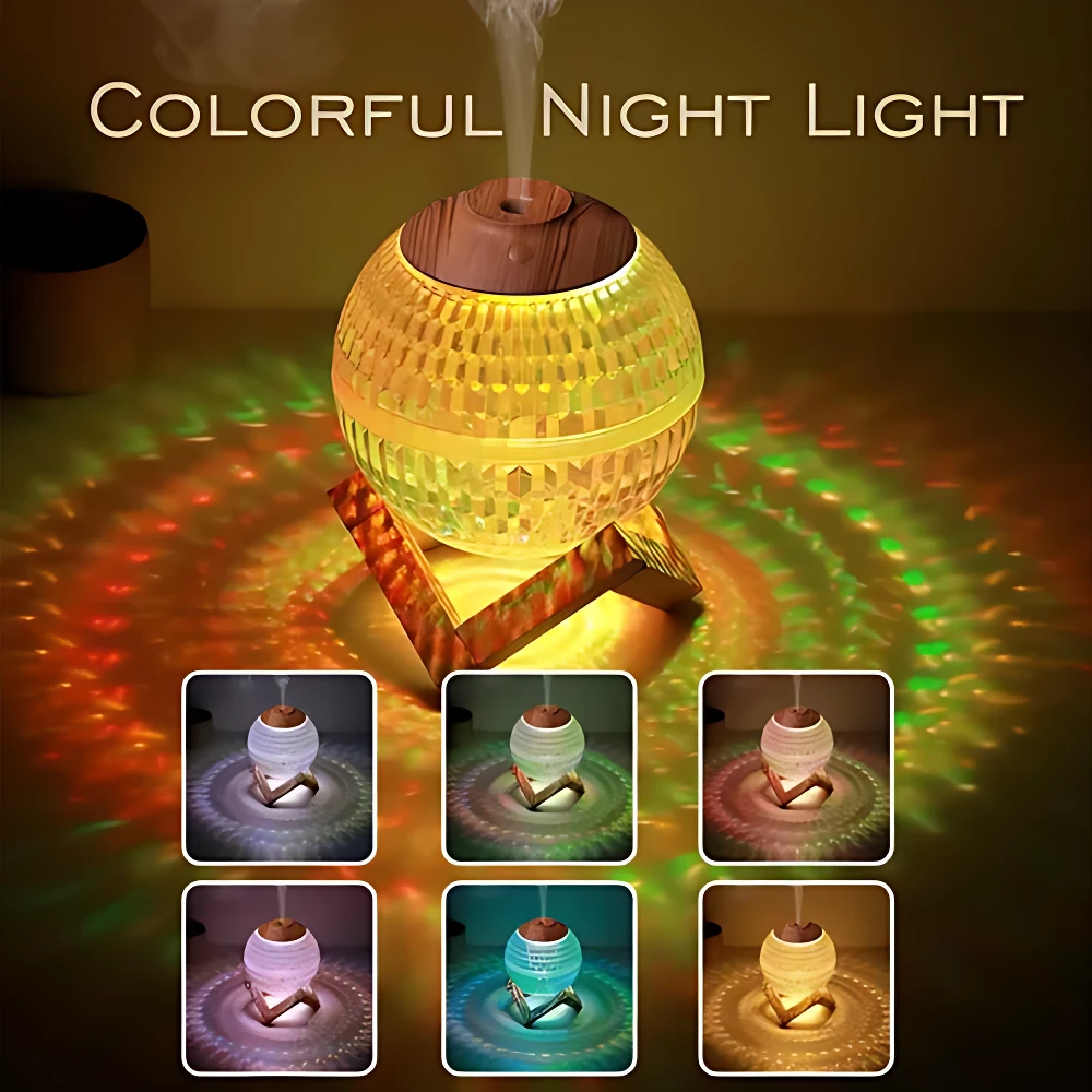 Humidificador ultrasónico esférico con luz LED RGB proyectando colores en ambiente, mostrando seis variantes de iluminación en miniaturas inferiores.