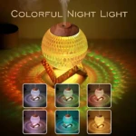 Humidificador ultrasónico esférico con luz LED RGB proyectando colores sobre la pared, mostrando seis variantes de iluminación en miniaturas.