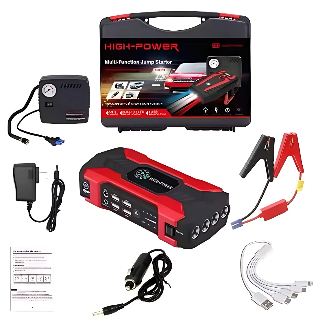 Iniciador de carro rojo y negro con power bank, compresor, pinzas, cables y adaptador, todo en estuche negro.