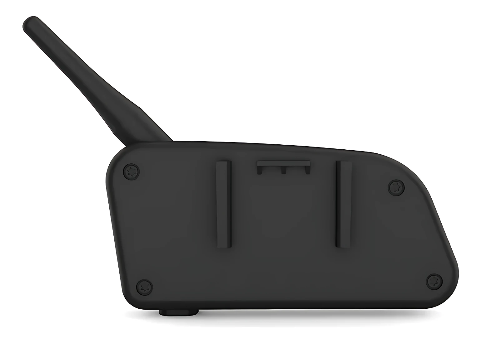 Intercomunicador Bluetooth Ejeas V6 Pro en color negro, visto desde atrás con antena superior y base de montaje visible.