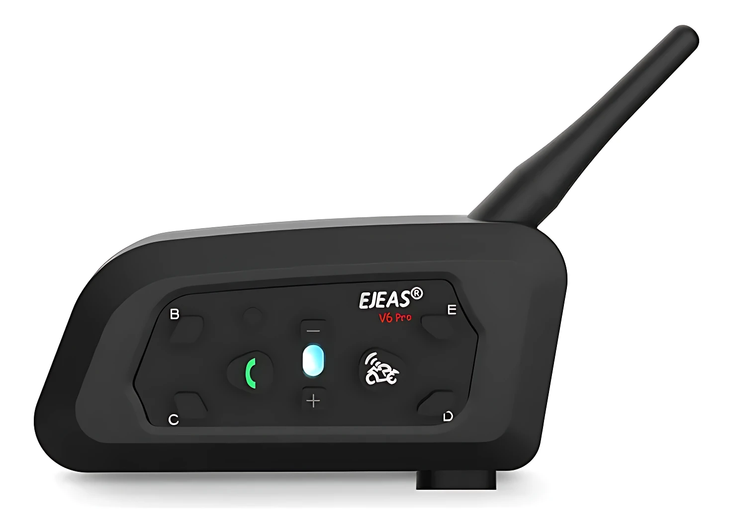 Intercomunicador Bluetooth Ejeas V6 Pro en color negro, con antena visible y botones de control para hasta seis usuarios.