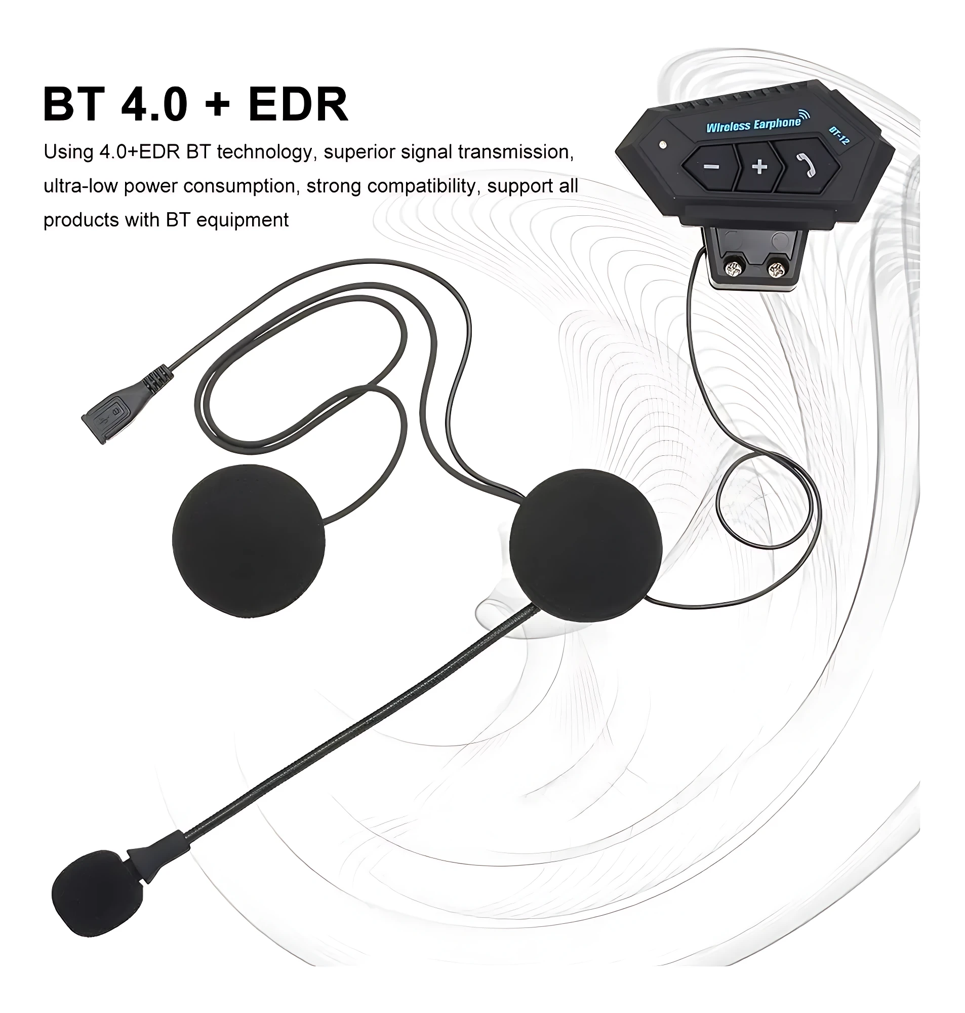 Intercomunicador BT12 para casco, con micrófono y controles táctiles en negro, diseñado para llamadas manos libres con Google Assistant.