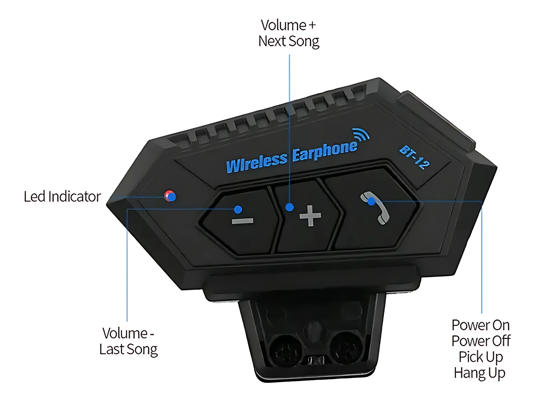 Intercomunicador BT12 negro para casco, con botones de control de volumen, llamadas y encendido, indicador LED y puerto de carga visible.