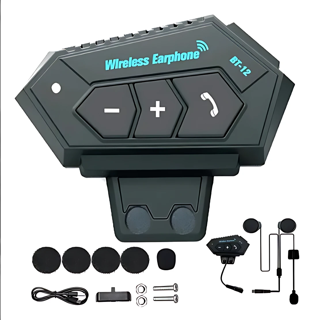 Intercomunicador BT-12 negro con botones de control, micrófono y accesorios incluidos.