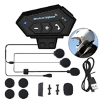 Intercomunicador BT12 negro con micrófono y auriculares, incluye cargador USB y accesorios para montaje en casco.