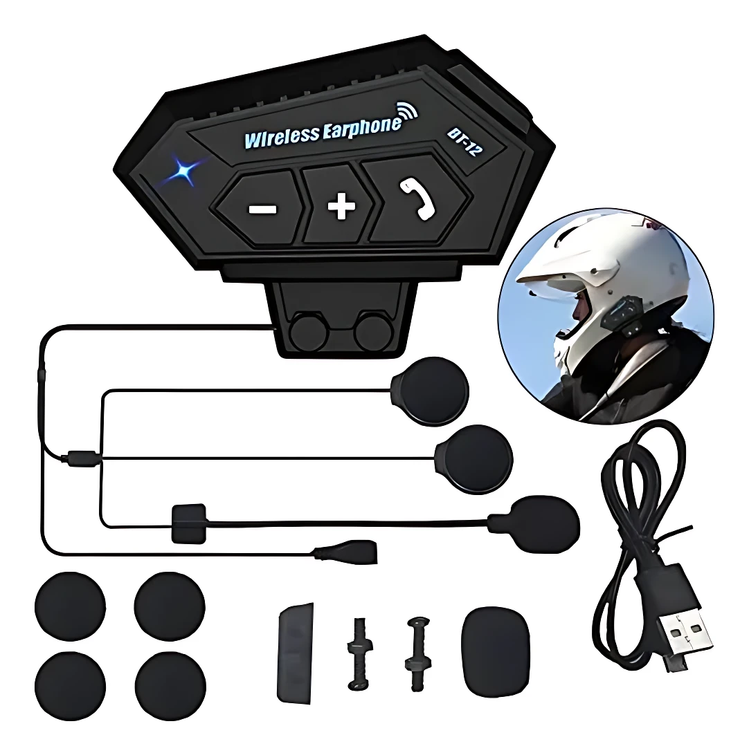 Intercomunicador BT12 negro con micrófono y auriculares, incluye cargador USB y accesorios para montaje en casco.