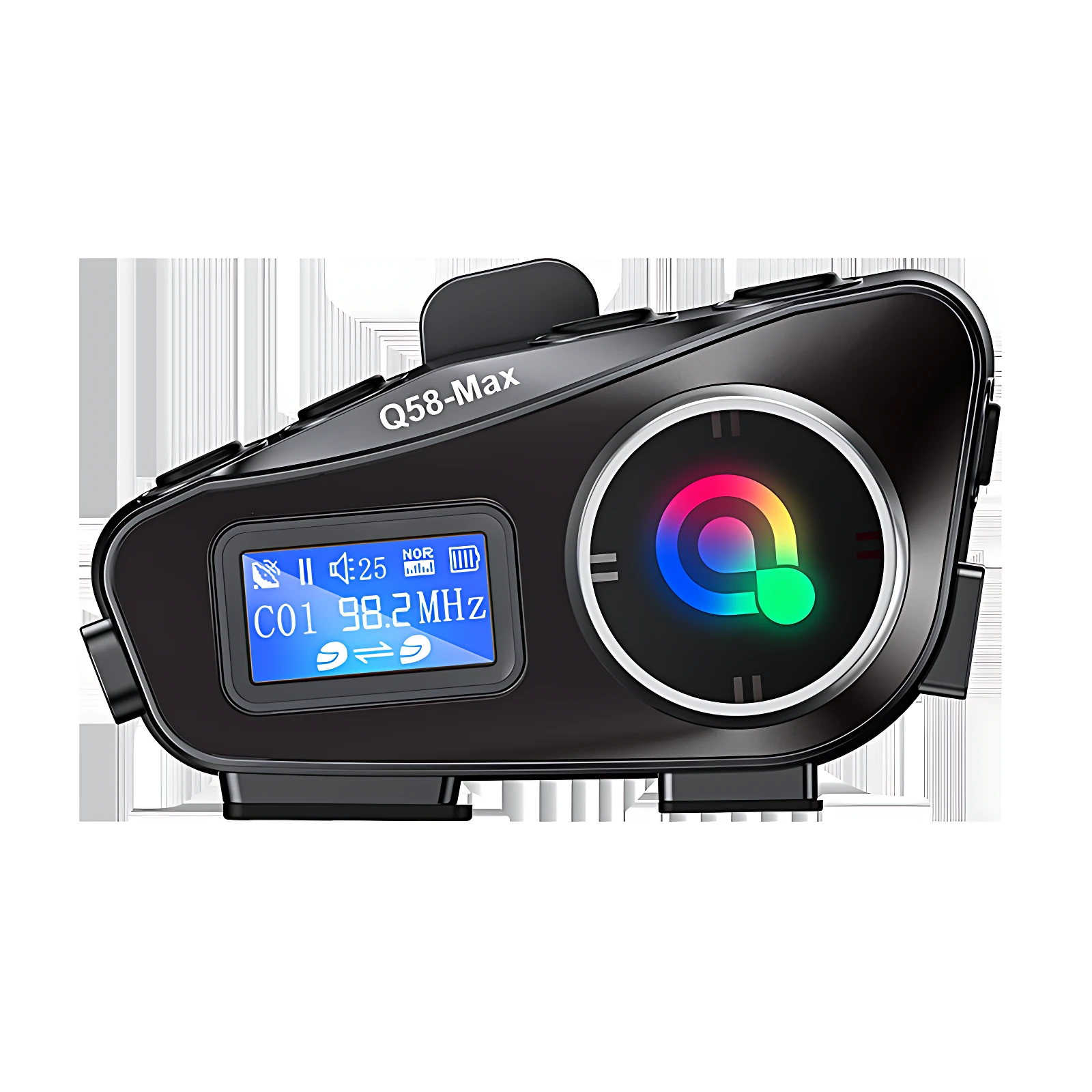 Intercomunicador Q58 Max negro con pantalla digital azul y anillo de luz RGB multicolor, mostrando frecuencia 98.2 MHz y modo manos libres.