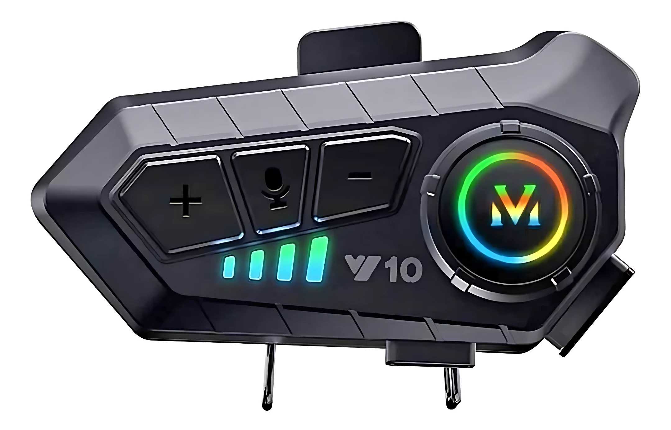 Intercomunicador V10 Bluetooth negro con botones de control, indicador de batería LED y logotipo multicolor en panel frontal.
