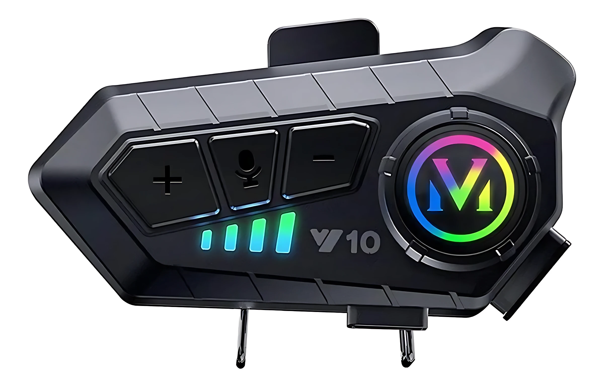 Intercomunicador Bluetooth negro con botones de control y pantalla circular multicolor, modelo V10.