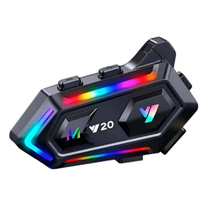Intercomunicador Y20 Max JL negro con luces LED multicolor, botones táctiles y diseño ergonómico para uso en carretera.