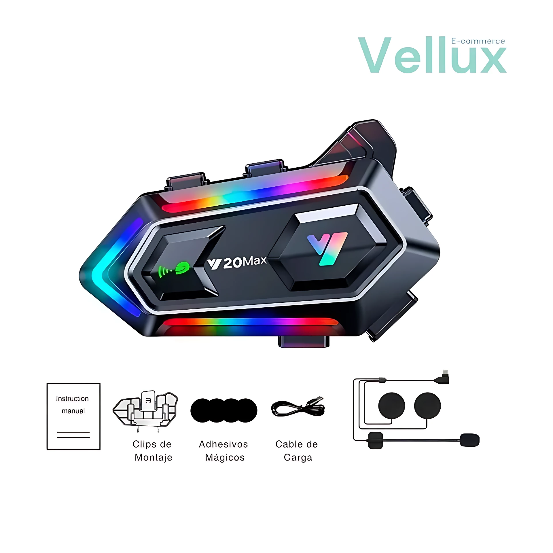 Intercomunicador Y20 Max JL de Vellux en vista frontal, con luces RGB multicolor en bordes y detalles en negro brillante. Incluye manual, clips de montaje, adhesivos magnéticos, cable de carga y micrófonos.