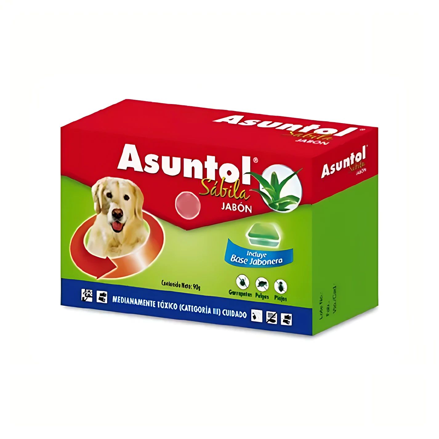 Caja de jabón Asuntol Sábila para perros, con de perro y planta de sábila, incluye base jabonera. Presentación de 400 g.
