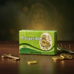 Caja verde de jabón de tocador Prosperidad con diseño de bolsa de oro y monedas, acompañada de llave dorada y ramita de romero sobre superficie oscura.