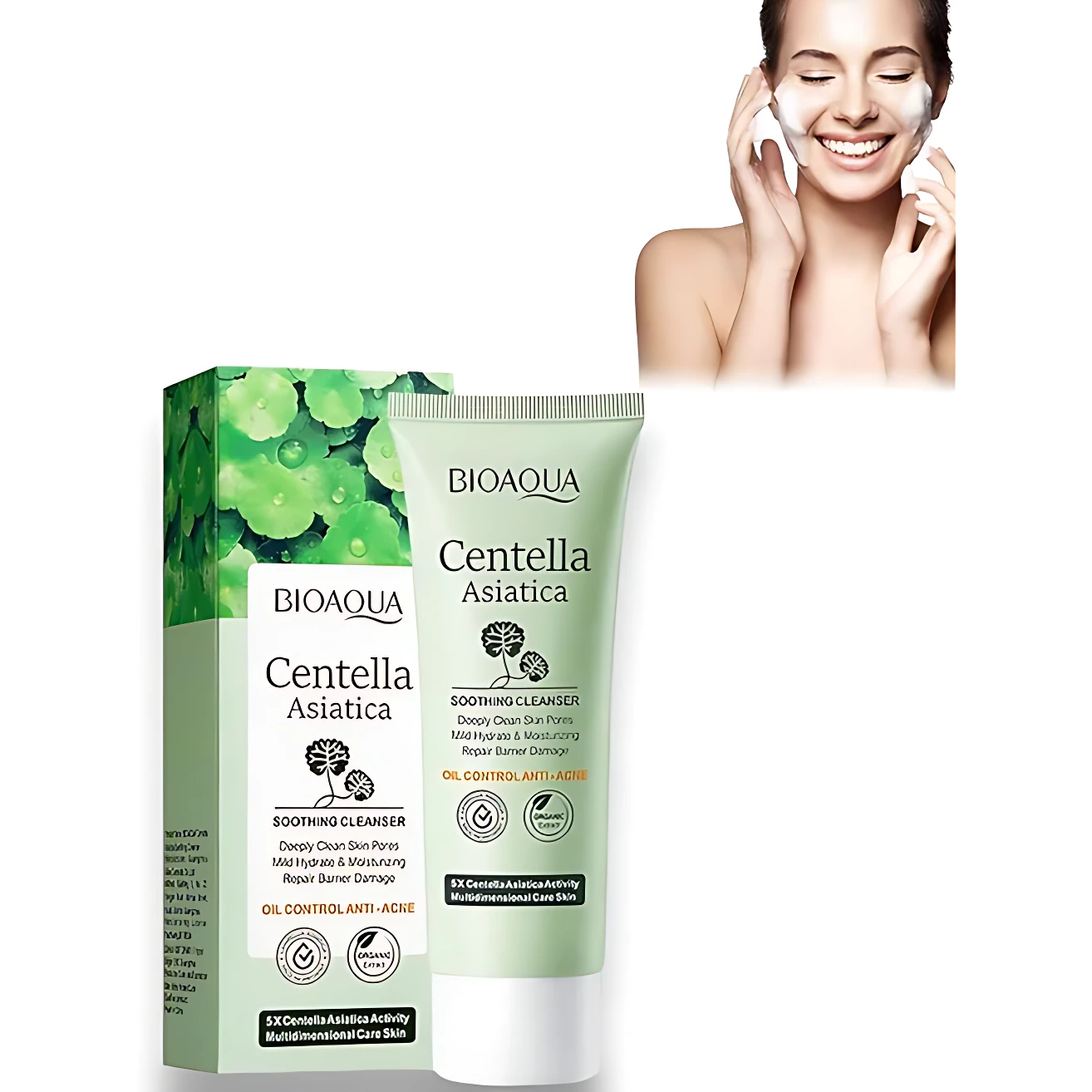 Tubo y caja del limpiador facial Bioaqua Centella Asiática, con de hojas verdes y mujer aplicando producto en rostro.