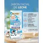 Jabón facial de leche Kiss Beauty, presentación "Fountain or Juice", para pieles sensibles. Envase con de vaca y texto en azul y blanco.